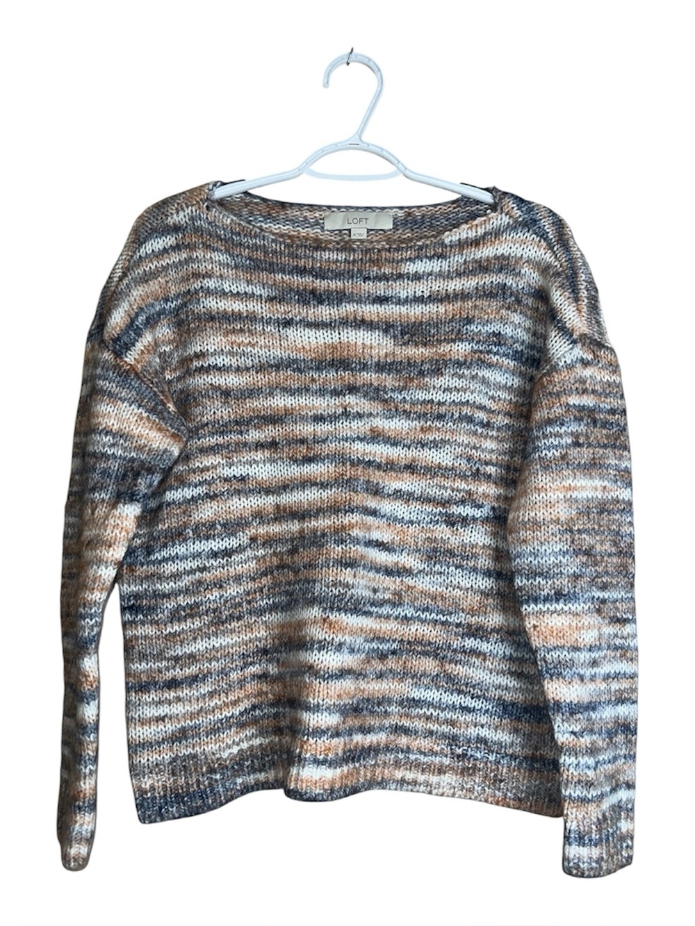 LOFT Space-Dyed Boat Neckline Long Sleeve Knit Sweater In Cream Gray Rust Sz M